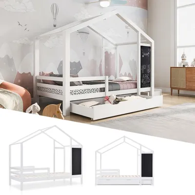 Obrázok produktu pre Detská postel, model "domček", rozmer 90x200 cm, vyrobená z masívneho borovicového dreva a MDF, biela, s tabuľou, 2 zásuvkami, zábradlím a roštom