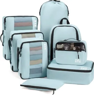 Produktbild von PromoHome® 8-teiliges Koffer-Organizer-Set – Packwürfel mit Schuhbeutel und Kulturbeutel – Hellblau – Reisegepäck-Ordnungssystem