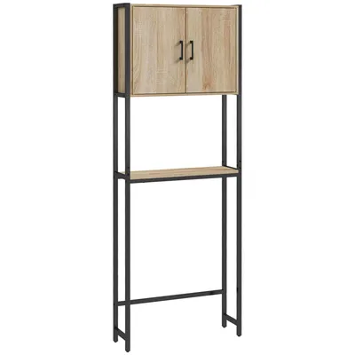 Image de kleankin Étagère de toilettes meuble de salle de bain dessus toilette WC avec placard 2 portes et étagère ouverte dim. 64L x 19l x 178H cm chêne et noir