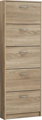 A tall, narrow shoe cabinet with five flip-down drawers.