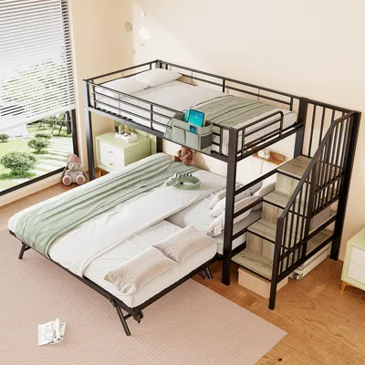 Image de OKWISH Lit Superposé 90x200 cm et 180x200 cm - Lit Multifonctionnel pour 2 Enfants avec Lit Gigogne et Escaliers de Rangement - Sac Tissu Inclus - Métal - Noir