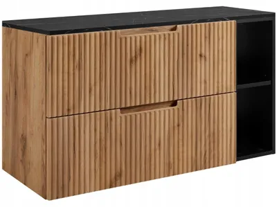 Produktbild von RODAN | Waschbeckenunterschrank 80 cm - Braun - schwarzes Regal - Hängender Waschtisch - Soft-Close - Arbeitsplatte in schwarzer Marmoroptik