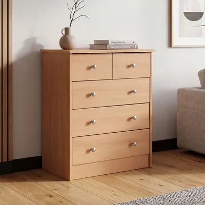 Zdjęcie produktu dla Komoda drewniana FineBuy Design z drewna bukowego, 60 x 70 x 35 cm, z 5 szufladami – uniwersalny mebel do przedpokoju, nowoczesna komoda, ponadczasowy mebel