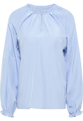 Produktbild von Damen Bluse Blau XL mit gerüschtem Stehkragen und elastischen Ärmelabschlüssen