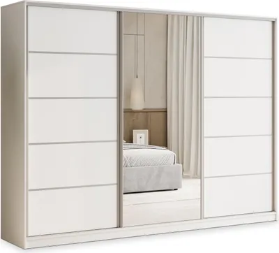 A white sliding door wardrobe with mirrored doors, reflecting a bedroom interior.