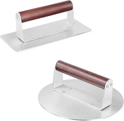 Immagine prodotto di Set di accessori per carne per hamburger, acciaio inossidabile, manico in legno, 2 pezzi, pancetta e bistecca