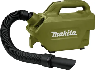 A green Makita cordless vacuum cleaner with a black flexible hose and nozzle is shown against a white background.