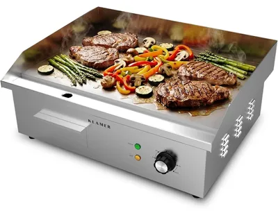 Produktbild von KLAMER Elektrogrill Edelstahl 3000W, XL Grillplatte 54,5x38,5 cm, Tischgrill Elektrisch 50–300°C, Eisengrillplatte, Spritzschutz, Auffangbehälter, Balkon & Gastronomie