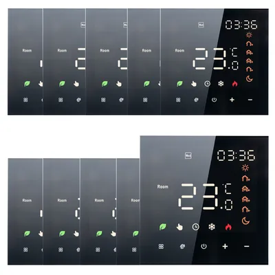 Multiple images of a digital thermostat display, showing time, temperature, and various icons.