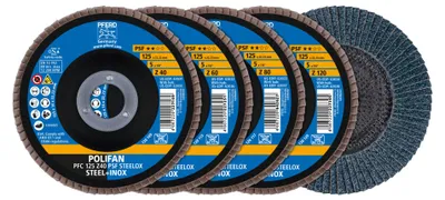 Image de PFERD TOOLS POLIFAN Jeu de disques à lamelles PFC 125 coniques Z40/60/80/120 PSF STEELOX pour acier/acier inoxydable