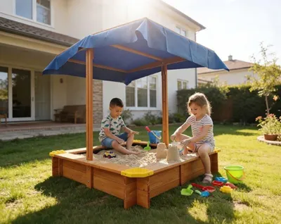 Produktbild von Sandkasten SANDI XXL mit Deckel und Sitzbänken Holzsandkasten Holz Sand Kasten