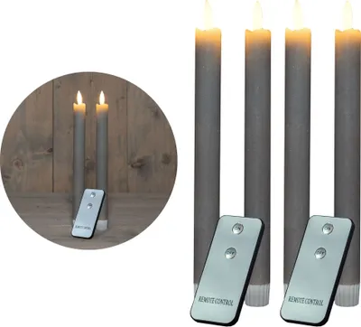 Produktbild von Stabkerzen LED mit Timer TAUPE GRAU 4 Stück indoor 6 Stunden - ECHTWACHS 23cm Höhe für Kerzen 2,2cm Durchmesser 2 AAA Batterien notwendig LED Stabkerzen flackernde Flamme bewegliche Flamme Licht