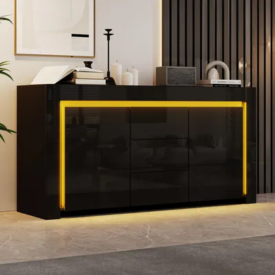 Produktbild von 140*40*65cm Wohnzimmerschrank, Moderne Kommode mit 3 Schubladen, 2 Türen, Breite 140 cm, Hochglanz Beistellschrank mit LED-Lichtleiste, Sideboard mit Stauraum, Geeignet für Flure, Wohnzimmer, Büros, Schwarz