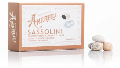 Produktbild von Amarelli Sassolini, Lakritz mit Zuckerüberzug Anis Vanille, 100g, Amarelli Italien