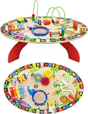 A wooden activity table for children, featuring various interactive elements like a xylophone, gears, and a bead maze.