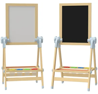 Obrázok produktu pre Detská drevená tabuľa, obojstranná, s nastaviteľnou výškou | Farba: Hnedá | Rozmery: 46,5 x 48,5 x 70-97 cm