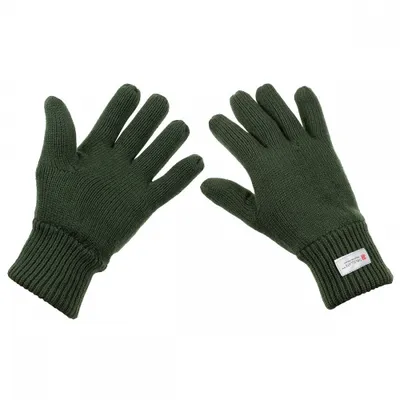 A pair of green knit gloves is shown against a white background.