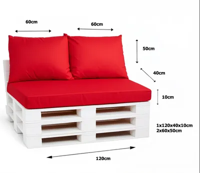 Obrázek produktu pro Sada polštářů na palety 120 x 40 x 10 cm + 2 x 50 x 40 cm – polštáře na sezení a opěradlo, snímatelné potahy, vhodné pro venkovní použití, 3dílná sada, červená barva