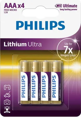 Produktbild von Philips Lithium Ultra Batterie FR03LB4A/10, Wiederaufladbarer Akku, AAA, Lithium, 1,5 V, 4 Stück(e), 15 Jahr(e)