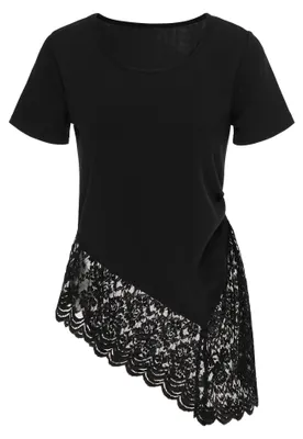 Produktbild von Damen Bluse schwarz Größe S mit Rundhalsausschnitt, kurzen Ärmeln, Spitze und asymmetrischer Silhouette