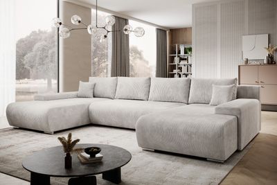 Moebelfest Credo Ecksofa U-Form, mit Schlaffunktion und Bettkasten, U-Form Couch Creme