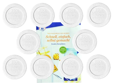 Produktbild von 10er Set Weck Frischhaltedeckel 60mm incl. Gelierzauber Rezeptheft von Diamantzucker