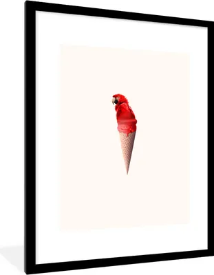Produktbild von MuchoWow® Gerahmtes Poster Eiscreme - Papagei - Rot - Eistüten - Weiß 60x80 cm - Poster mit Schwarzem Bilderrahmen Wandposter Rahmen Foto Bilder - Wohnzimmer - Dekorationen - Prämie