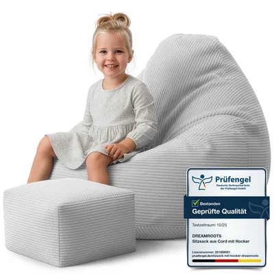 Zdjęcie produktu dla Dreamroots Worek fasola dla dzieci 70x70x70 cm z taboretem pokrowcem na siedzisko poduszka podłogowa worek Bubibag z wypełnieniem, chłodny szary