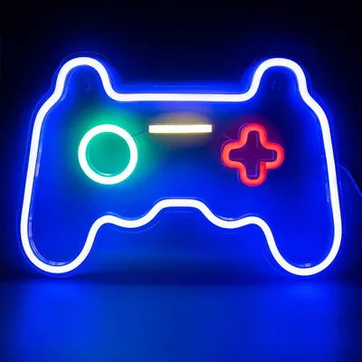 A neon sign shaped like a video game controller.
