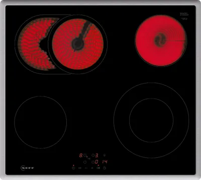 Produktbild von Neff Elektrokochfeld Glaskeramik, 60 cm breit, 4 Kochzonen, Touch Control, 17 Leistungsstufen, Edelstahlrahmen, Autark, Bräterzone, Speicherfunktion, Schwarz, N50, T16SBN1L0