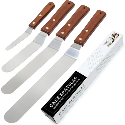 Obrázek produktu pro Sada 4 stěrky na cukrovou polevu, nerezová ocel, šikmé, s dřevěnými rukojeťmi, délka 10-25 cm