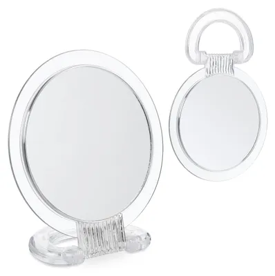 Produktbild von Doppelseitiger Make-up Spiegel, Set von 2, Hand- und Tischspiegel, 2x Vergrößerung, transparent