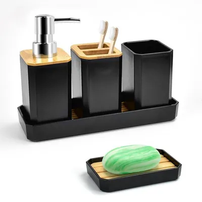 Productafbeelding van Badkameraccessoireset, 5-delig, zwart, bamboe, met zeepdispenser, tandenborstelhouders, bekertje voor tandenpoetsen, zeepbakje en dienblad