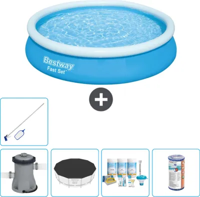 Produktbild von Bestway runder aufblasbarer Fast-Set-Schwimmpool – 366 x 76 cm – Blau – inklusive Pumpe Abdeckung - Wartungspaket - Filter - Reinigungskit