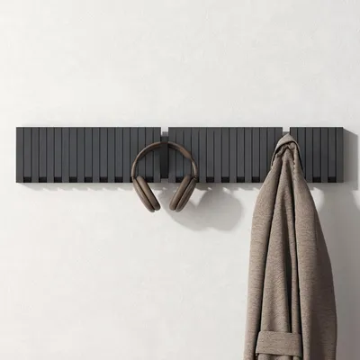 Produktbild von Mai & Mai Kleiderhaken Wandgarderobe Wandhaken aus Holz Garderobe mit 21 magnetischen Klapphaken Garderobenleiste Garderobenhaken Matt schwarz Twigro-01