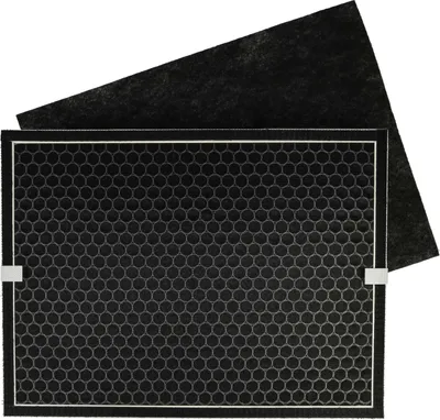 A charcoal air filter with a hexagonal pattern and a secondary filter layer on top.
