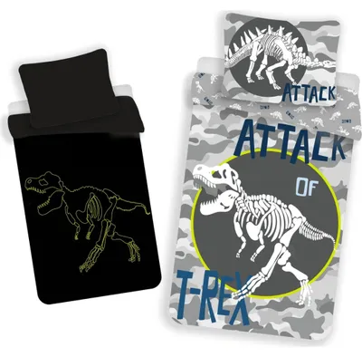 Imagen del producto de Juego de sábanas "T-Rex" que brilla en la oscuridad, color gris, 140 x 200 cm + 70 x 90 cm