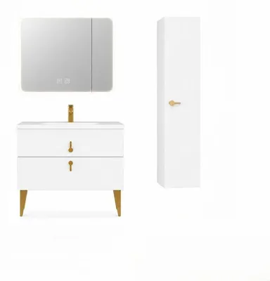 Image de Ensemble meuble de salle de bain avec vasque, armoire miroir LED et colonne - 80 cm - Blanc - NORVA