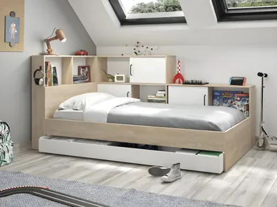 Produktbild von Kinderbett mit Stauraum – Farbe Weiß und Kastanie – 90 x 200 cm