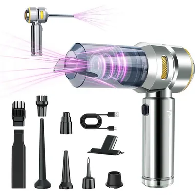 Image de INF Aspirateur sans fil pour voiture — Aspiration 16000Pa, Batterie 6000mAh, Charge Type-C, 2-en-1 Aspirateur et Souffleur, Argent