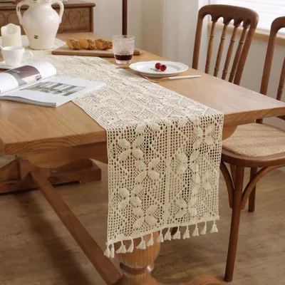 Obrázek produktu pro Háčkovaný běhoun na stůl, boho krajkové povlečení, klasická béžová barva, svatební ubrus s vintage střapci, dekorace na stůl do kuchyně, jídelny, na dovolenou a večírky