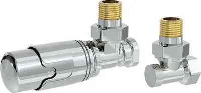 Produktbild von LuxeBath Thermostatventil + Rücklaufverschraubung Chrom, Heizkörperventil Komplett-Set, Thermostatkopf 1/2" Eckform, Heizungsventil