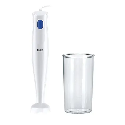 A white Braun immersion blender and a clear plastic measuring cup are displayed against a white background.