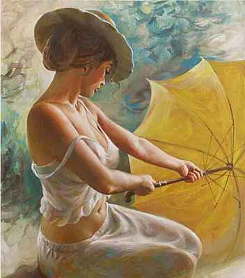Imagen del producto de Kit de pintura por números para principiantes, con una imagen de una chica atractiva y un paraguas amarillo