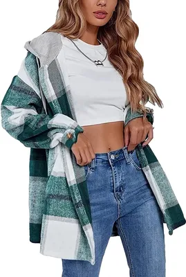 Produktbild von ASKSA Damen Karierte Kapuzen Warm Hemdjacke mit Kapuze Langarm Knöpfen Mantel Jacken, Grün, M