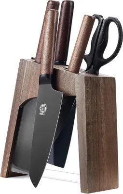 Produktbild von Professionelles 6-teiliges japanisches Kochmesserset mit abnehmbarer Schere und Halter aus Walnussholz