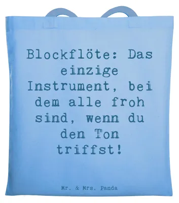 Produktbild von Mr. & Mrs. Panda Shopping Tasche Spruch Blockflöte Freude - Sky Blue - Geschenk, Jutebeutel, Tragetasche, Lernen, Lernkurve, Musik, Altblockflöte, Tote Bag, Musiker