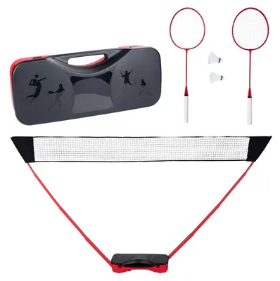 Produktbild von Donnay Badminton Set - Federball Set für 2 Personen - mit Federbälle, Badminton Schläger und Netz - Komplett-Set mit Reisetasche - Volleyballnetz 155 x 300 cm - für Garten und Camping - Schwarz/Rot