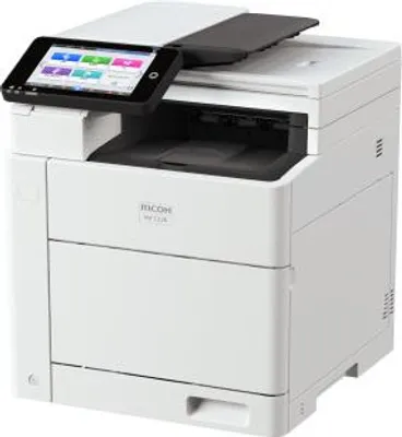 A white Ricoh multifunction printer is shown from a three-quarter front-facing angle.