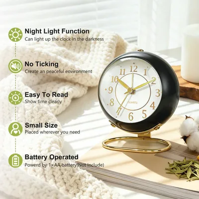Imagen del producto de Reloj despertador analógico retro, pequeño, con batería, ideal para el dormitorio